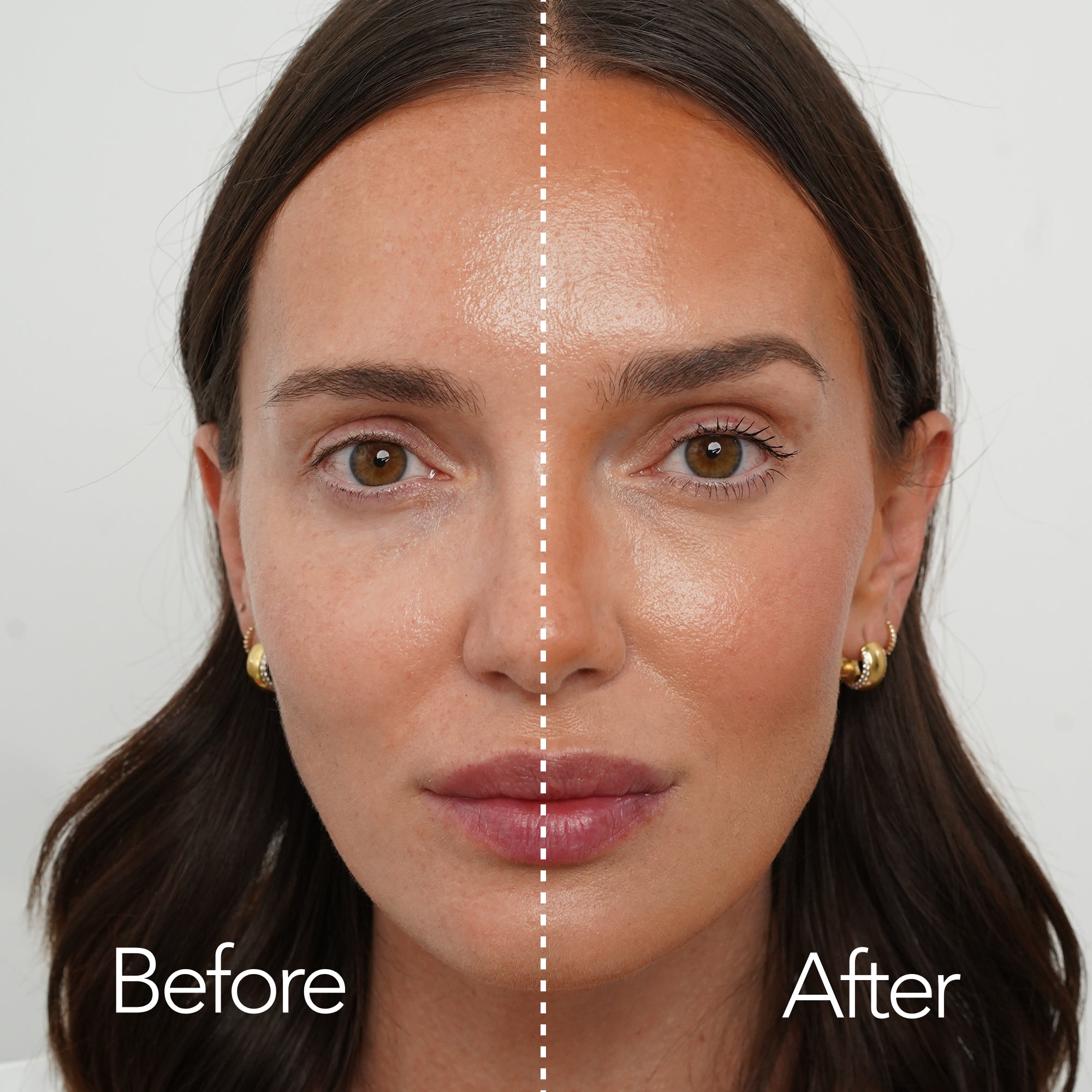 Before and After model using makeup. Beautyblender® makeup sponge ensures even application of makeup across every part of the model's face.