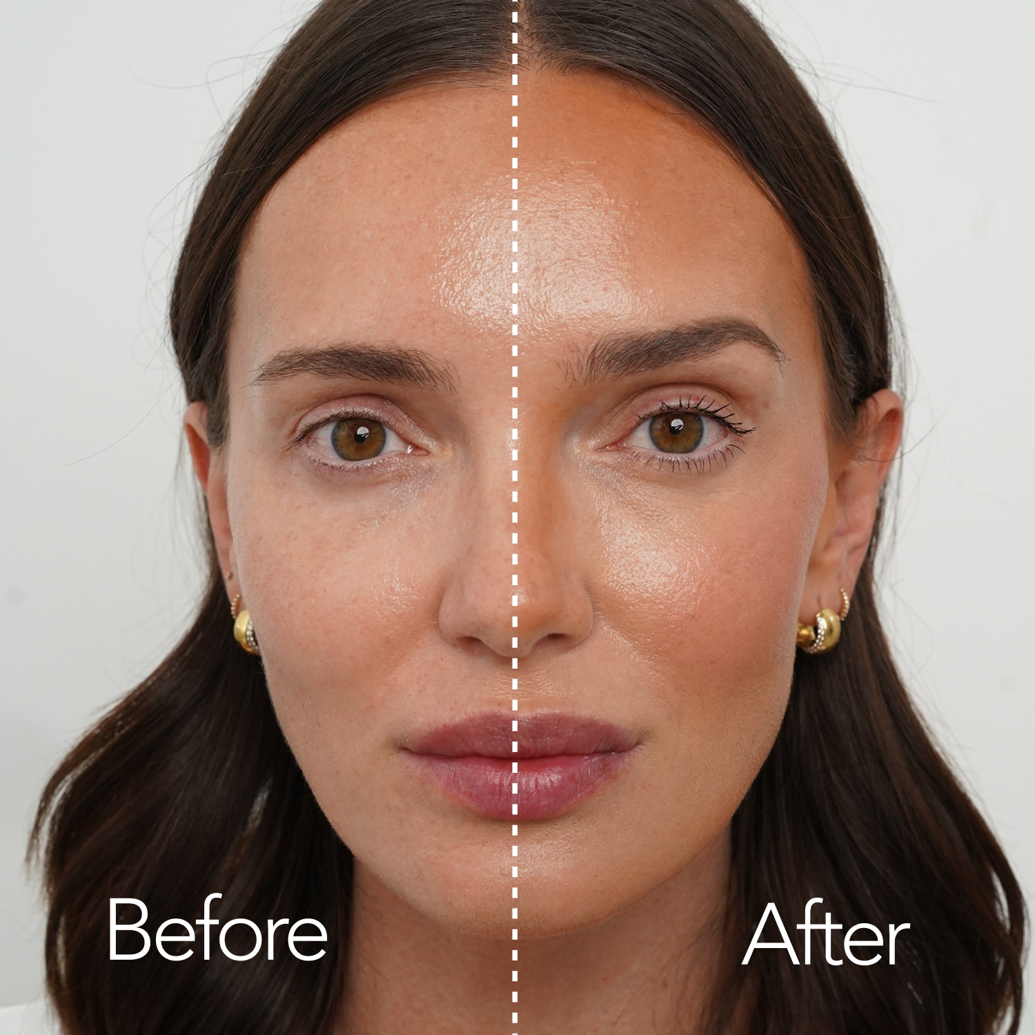 Before and After model using makeup. Beautyblender® makeup sponge ensures even application of makeup across every part of the model's face.