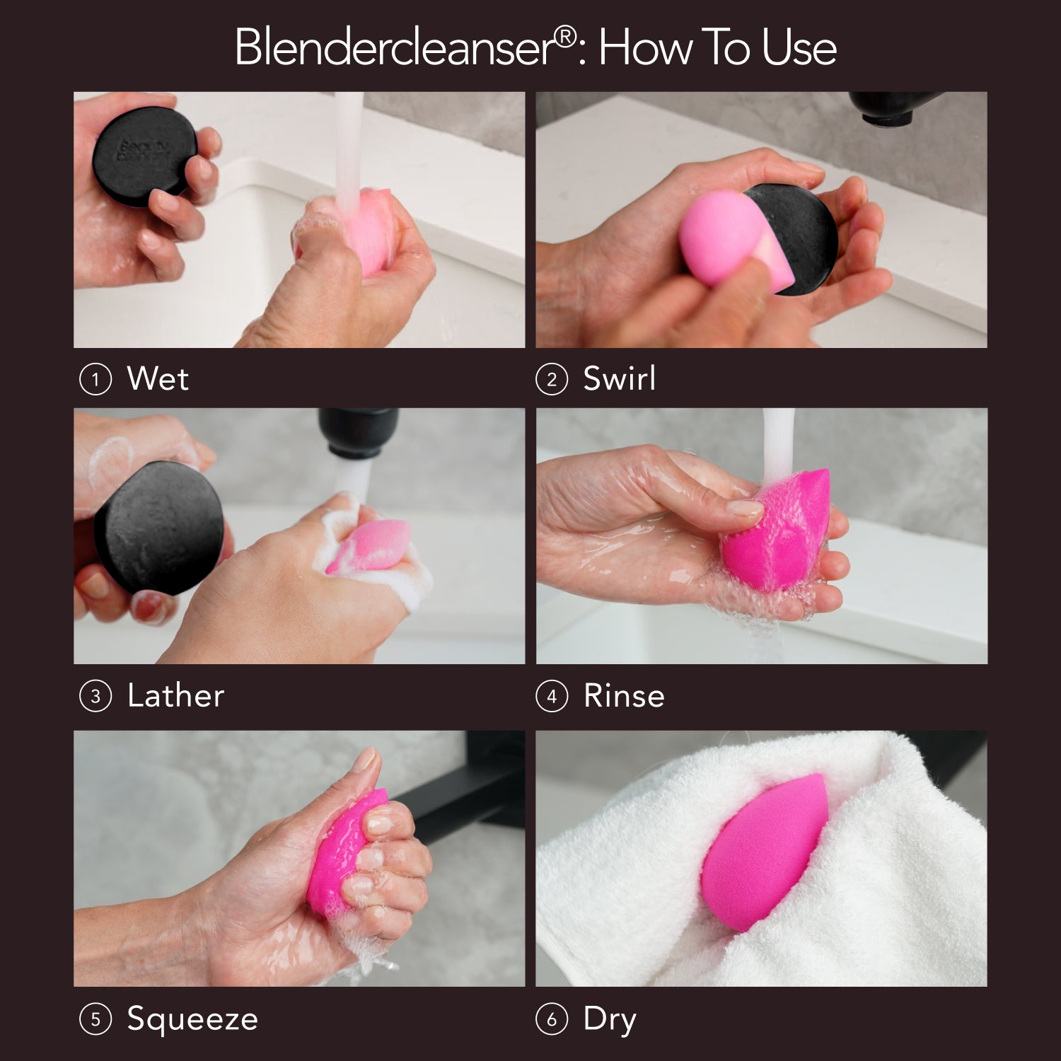 Blendercleanser®: How To Use. 1) Wet. 2) Swirl. 3) Lather. 4) Rinse. 5) Squeeze. 6) Dry.