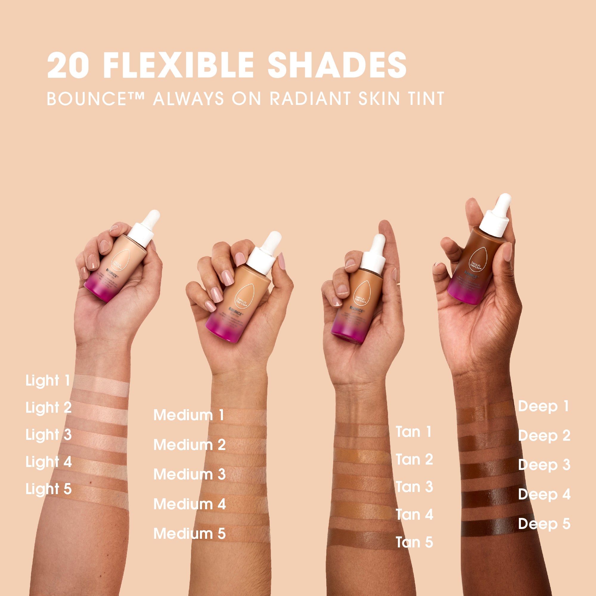 light-1beauty-blender-skin-tint-20-flexible-shades-bounce™-always-on-radiant-skin-tint-color-comparison-between-4-different-skin-tones-from-lightest-to-darkest-light-1-5-medium-1-5-tan-1-5-deep-1-5
