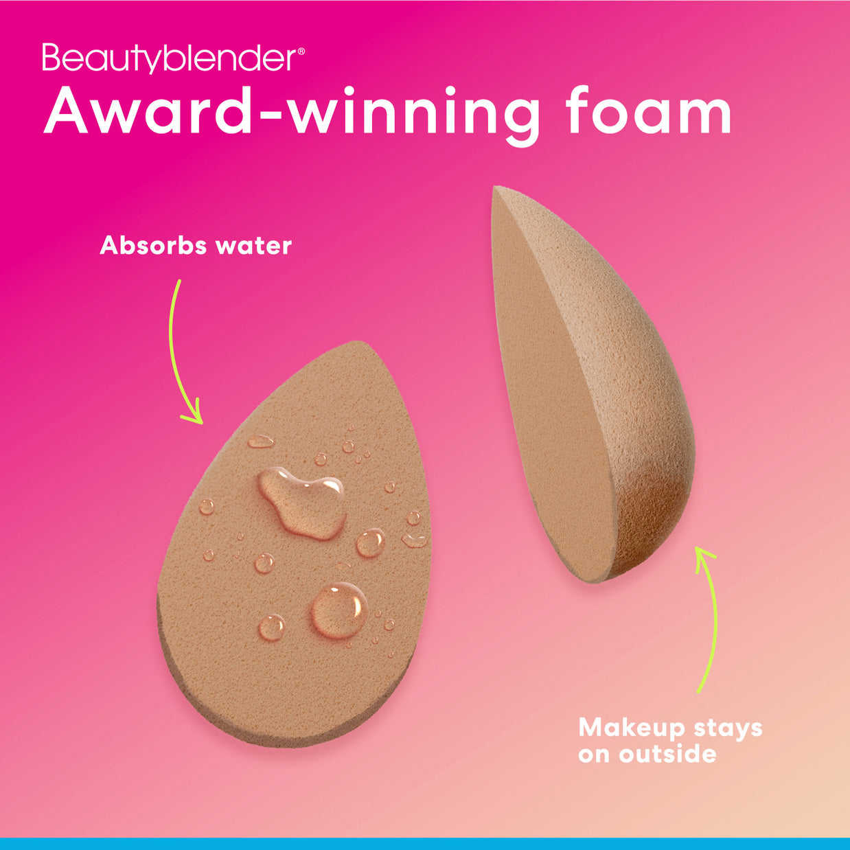 Beautyblender®. Award-winning foam. Absorbs water. Makeup stays on outside. 