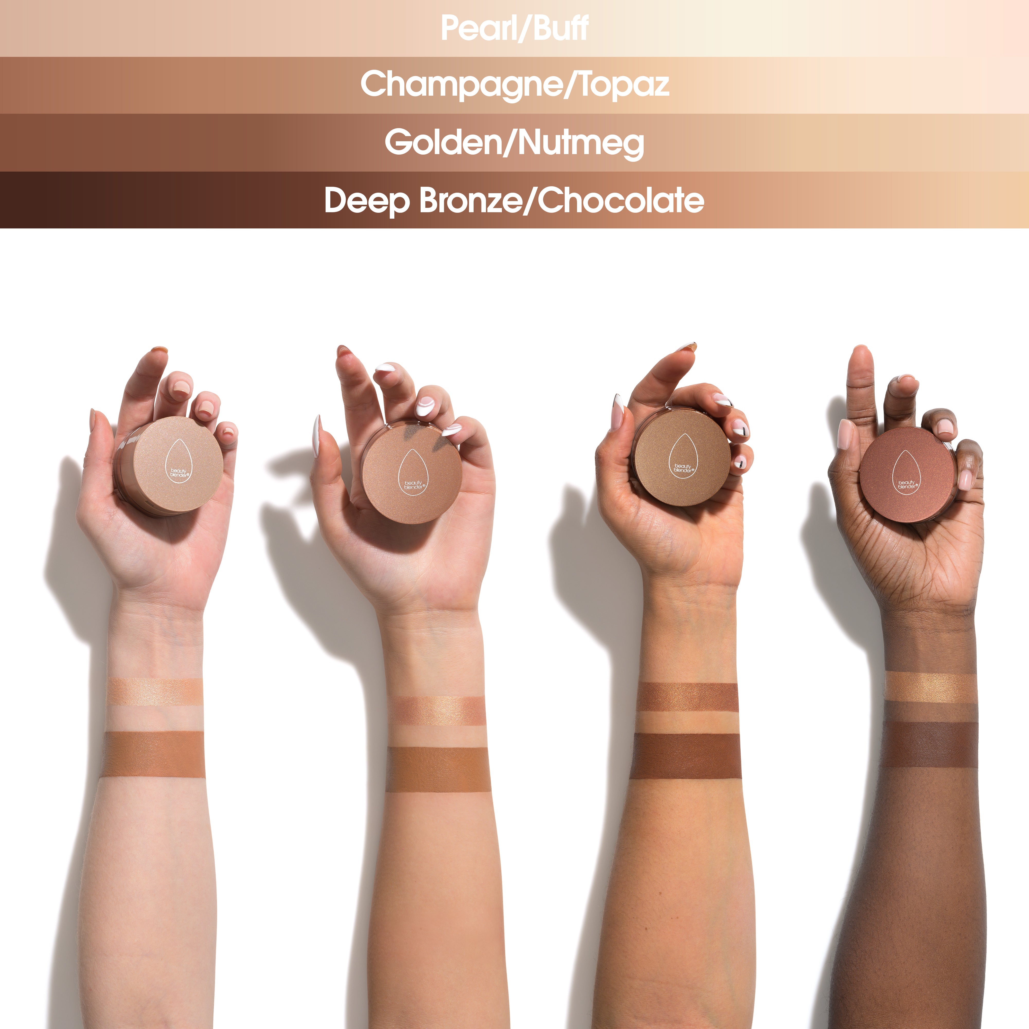 pearl-buffbest-cosmetic-highlighter-different-makeup-color-tones-showing-on-the-forearm-of-different-models-with-varying-skin-tones-from-light-to-dark-pearl-buff-champagne-topaz-golden-nutmeg-deep-bronze-chocolate